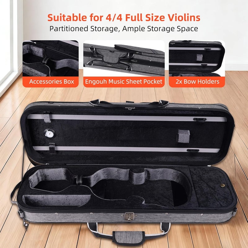ADM حقيبة كمان 4/4 بحجم كامل قوية على شكل مستطيل مع مقياس رطوبة مدمج، خفيفة الوزن للغاية، حقيبة صلبة محمولة مع أحزمة حمل، حقيبة سفر للمبتدئين، رمادي - Image 4